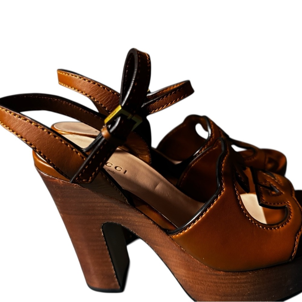 Gucci Cutout Interlocking G 36/ US 6 Platform Sandal Dark Brown Leather - Picture 6 of 8